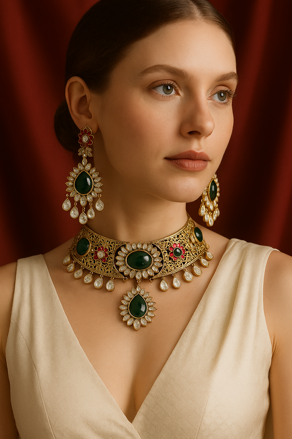 Royal Green Kundan Choker Necklace Set with Earrings & Maang Tikka